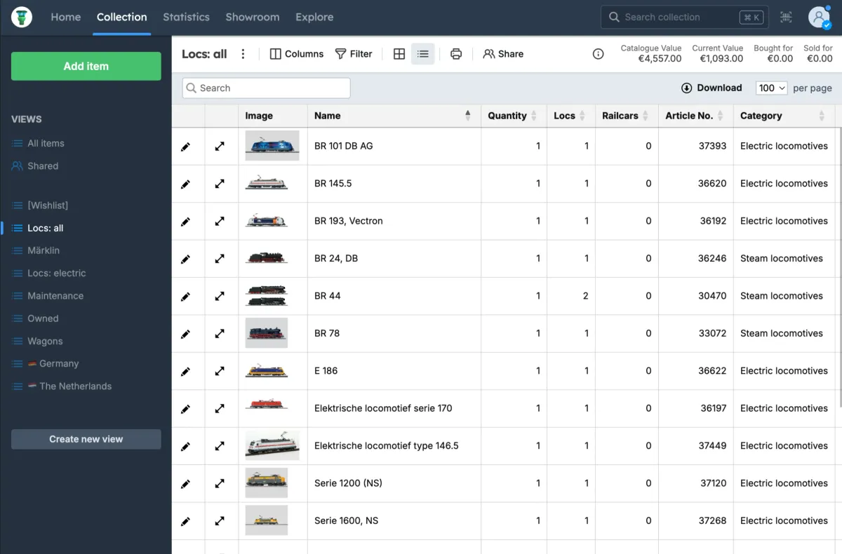 Overview page of the Yard Tower app with a model railway collection